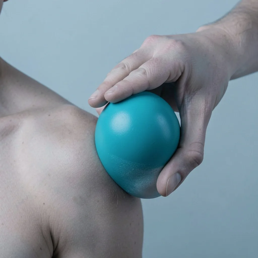 Massage ball pressed into a shoulder muscle